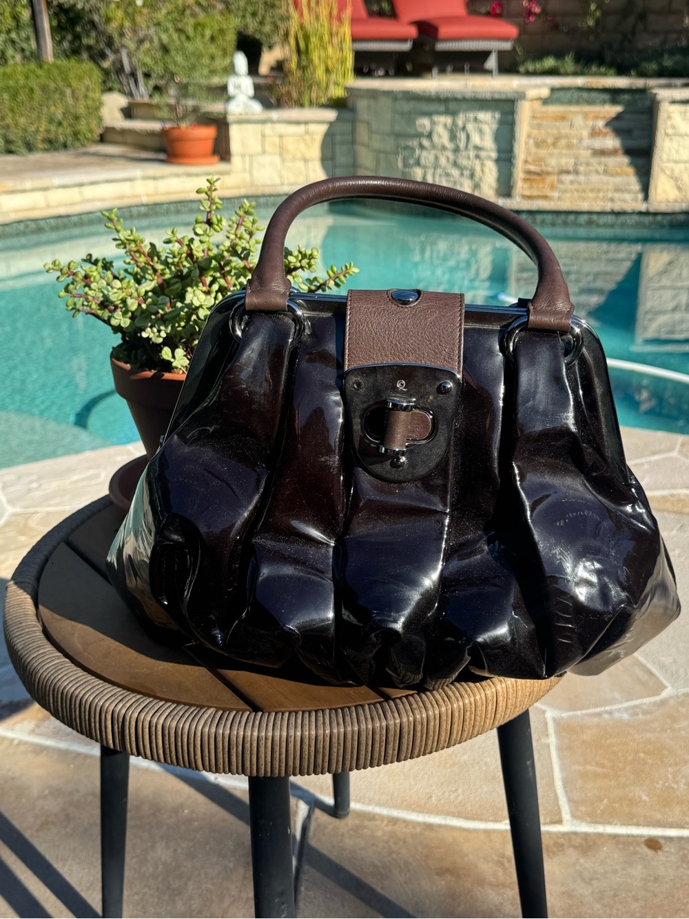Alexander McQueen Dark Brown Patent Leather Gathered Satchel